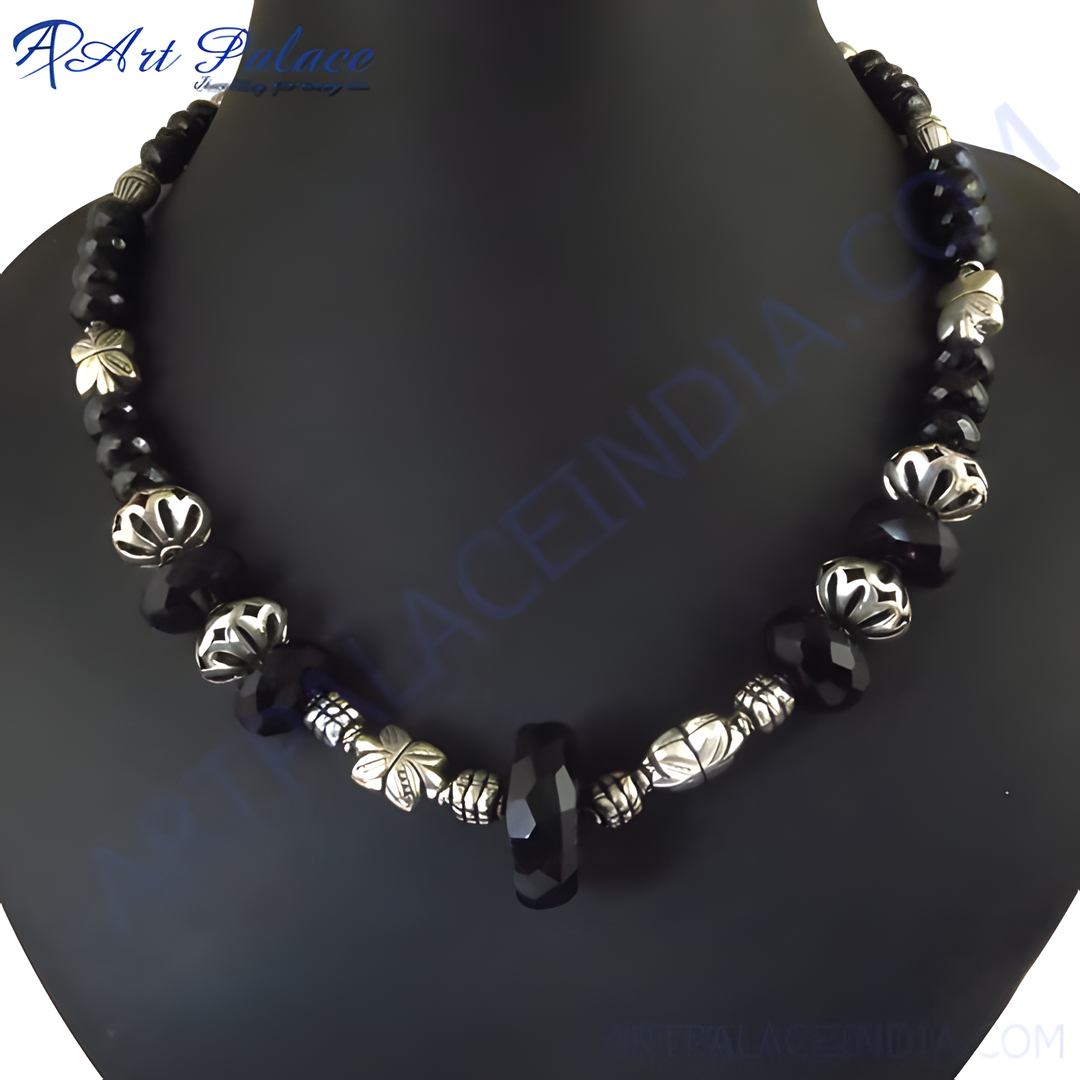 Black Onyx Bead Necklace | Silver Accents | Women's Jewelry Gift