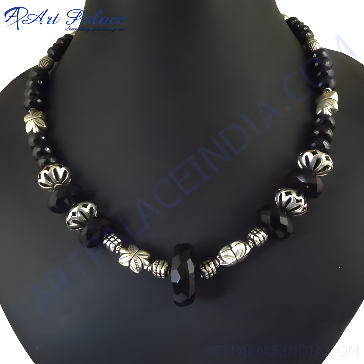 Black onyx bead necklace | silver accents | women's jewelry gift
