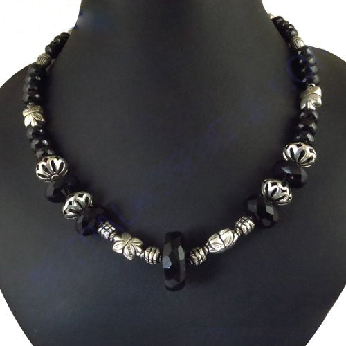 Black Onyx Bead Necklace | Silver Accents | Women's Jewelry Gift