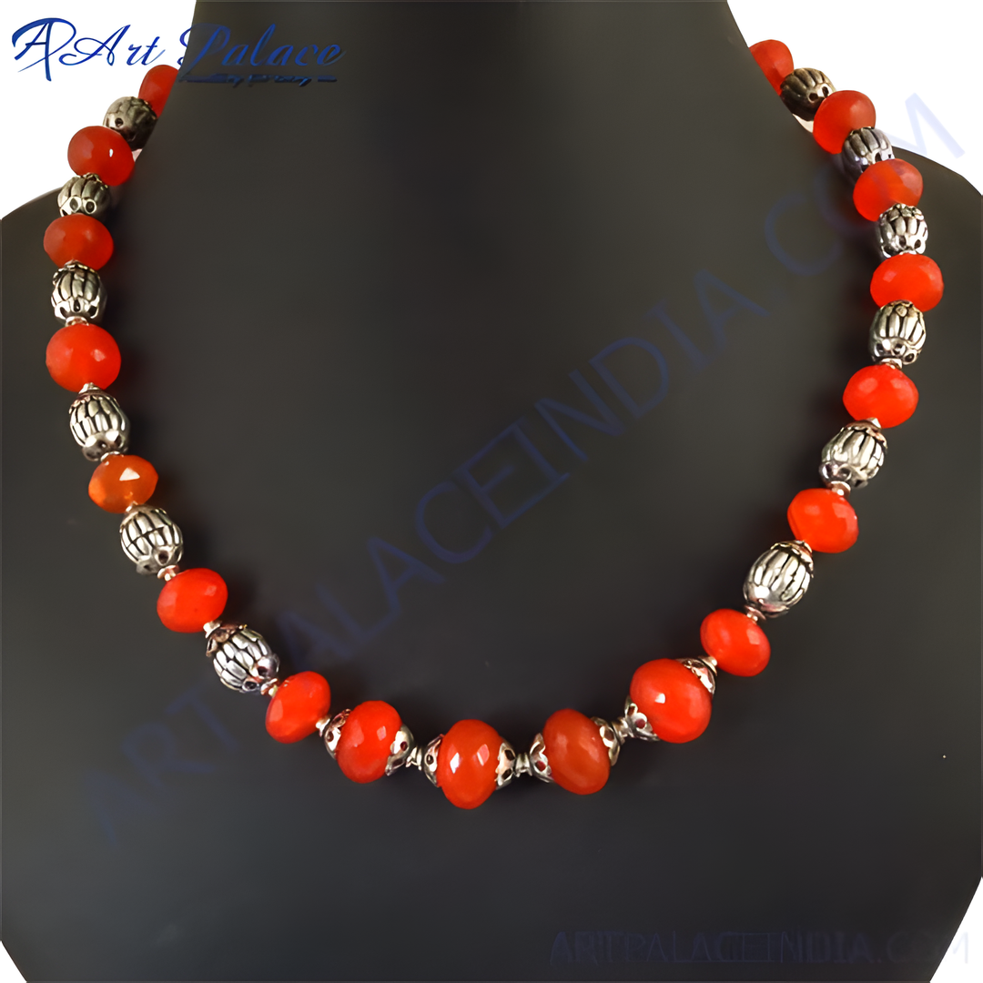 Red Gemstone Beaded Necklace | Silver Accents | Women's Fashion Jewelry