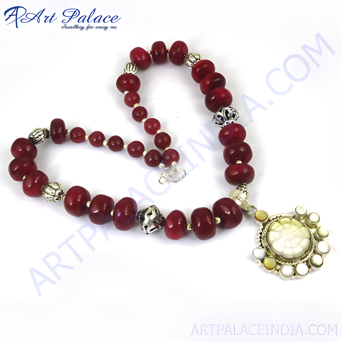 Red stone bead necklace with pendant | statement jewelry