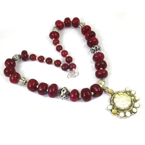 Red Stone Bead Necklace with Pendant | Statement Jewelry