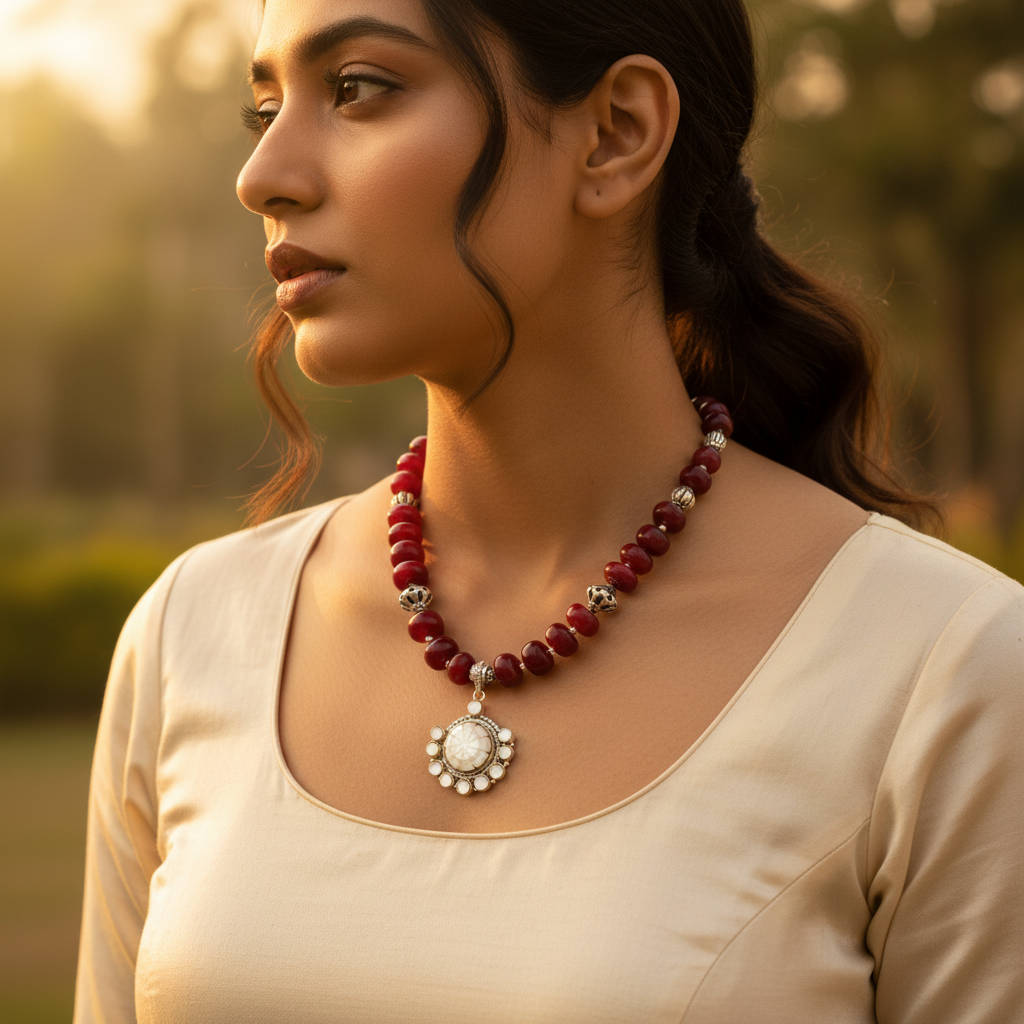 Red Stone Bead Necklace with Pendant | Statement Jewelry