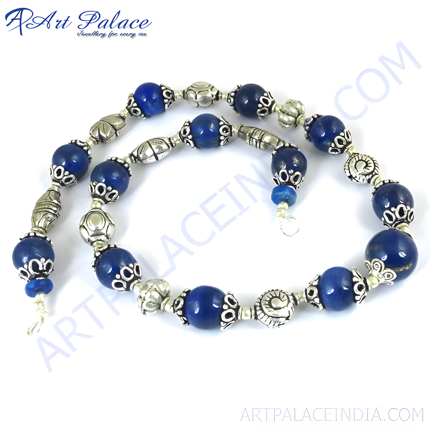 Sterling silver beaded necklace with round dark blue lapis lazuli gemstone beads for women.
