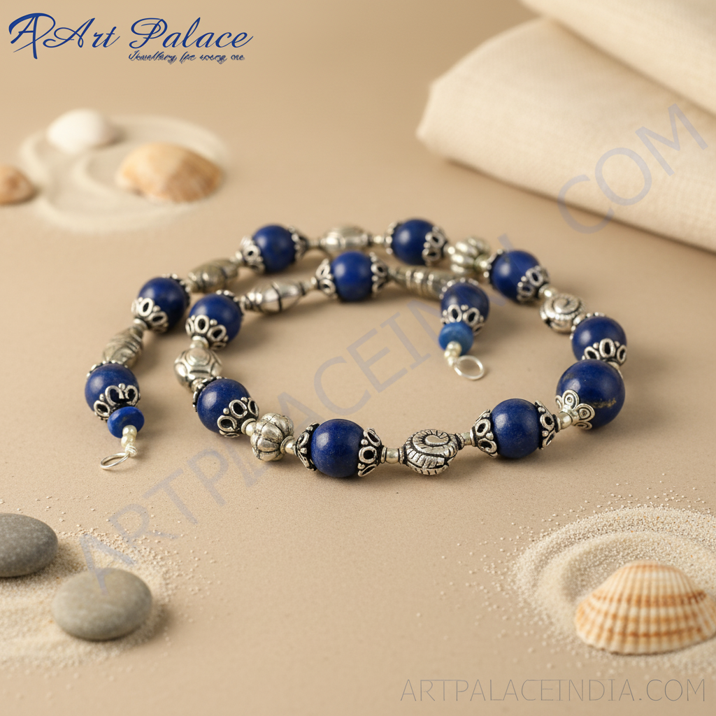 Sterling silver beaded necklace with round dark blue lapis lazuli gemstone beads for women.