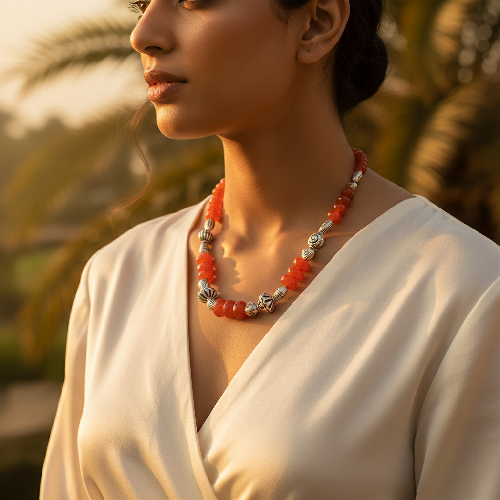 Red Carnelian Bead Necklace | 925 Silver | Women's Jewelry