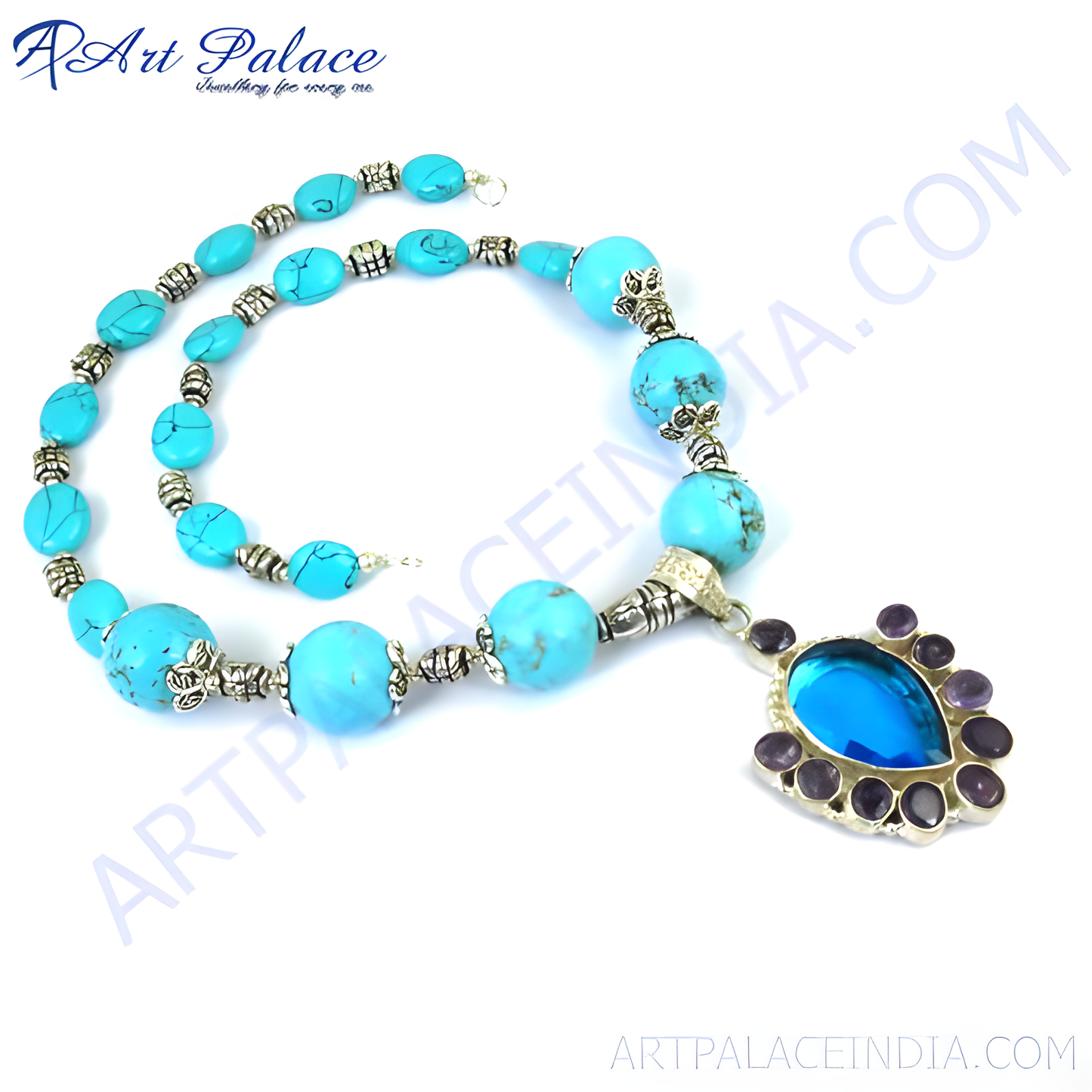 Turquoise bead necklace with a silver pendant featuring a blue gemstone and surrounding purple accents.