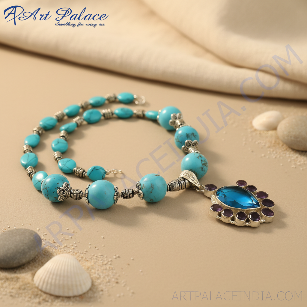 Turquoise bead necklace with a silver pendant featuring a blue gemstone and surrounding purple accents.
