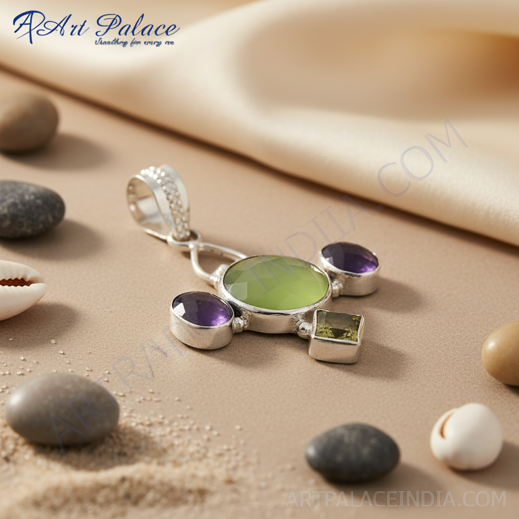925 sterling silver cross pendant featuring a green gemstone and amethyst accents
