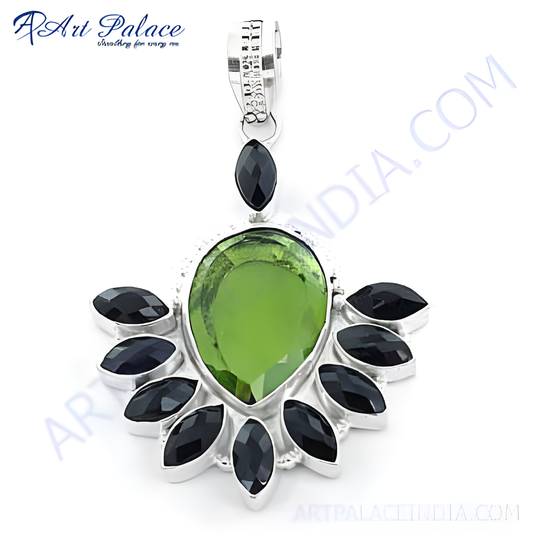 925 sterling silver peridot and onyx pendant, green and black gemstone jewelry