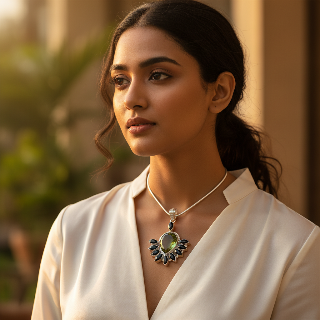 925 Silver Peridot Onyx Pendant for Women | Gemstone Jewelry