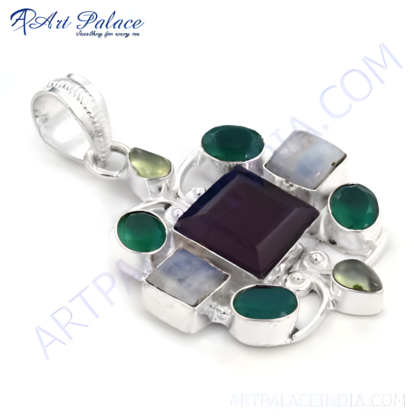 925 sterling silver multi-gemstone pendant with various colorful gemstones on a white background, jewelry product photography
