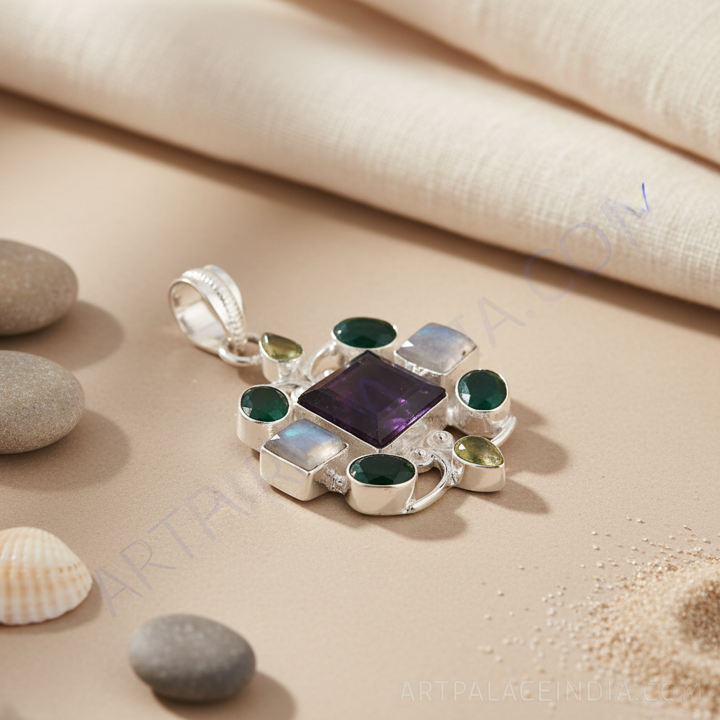 925 sterling silver multi gemstone pendant with various colorful gemstones on a white background, jewelry product photography