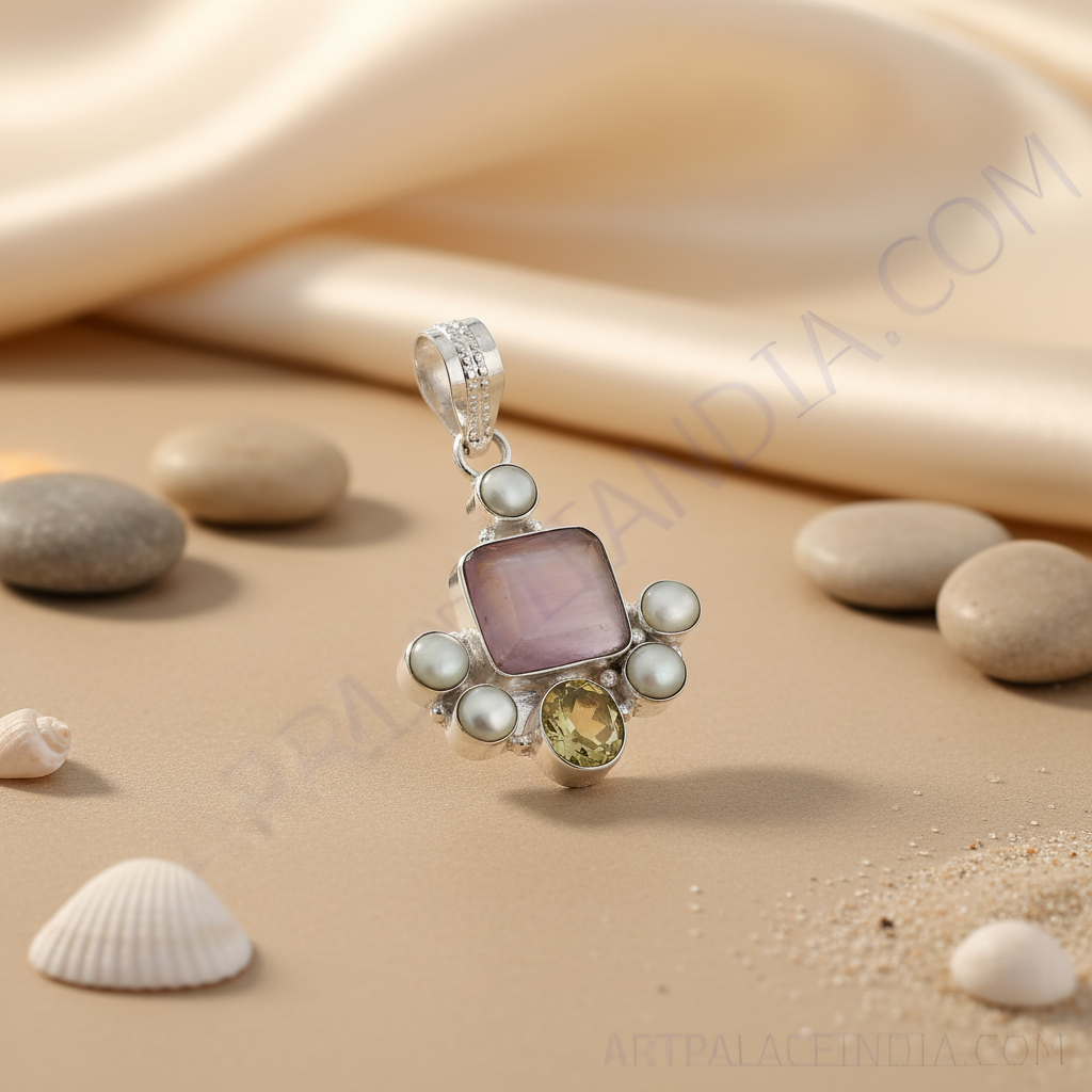 Sterling silver gemstone pendant featuring a rectangular center stone and surrounding smaller stones, perfect for elegant style.