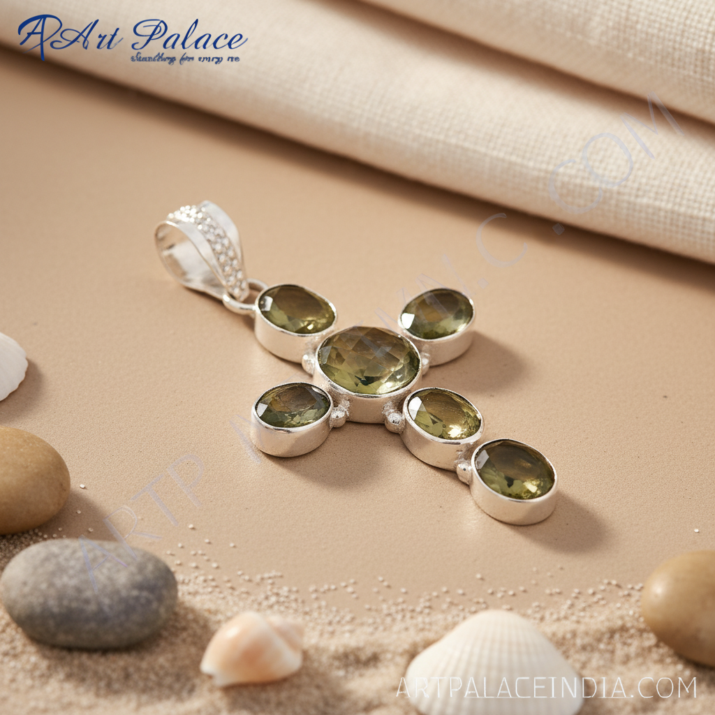 Sterling silver cross pendant with oval-cut green gemstones on white background.