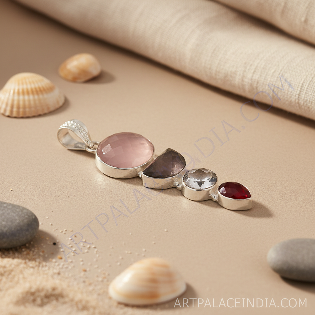 925 sterling silver pendant with pink, grey, clear, and red gemstones