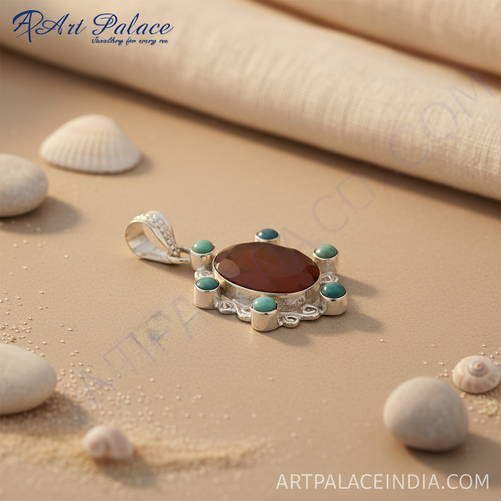 925 sterling silver gemstone pendant with a large brown central stone and blue-green accent stones.