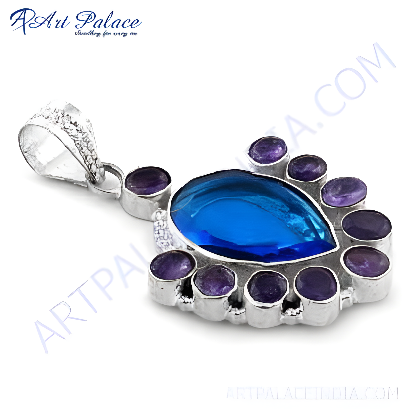 925 sterling silver pendant with a pear-shaped blue topaz center stone and amethyst accents, displayed on a white background.