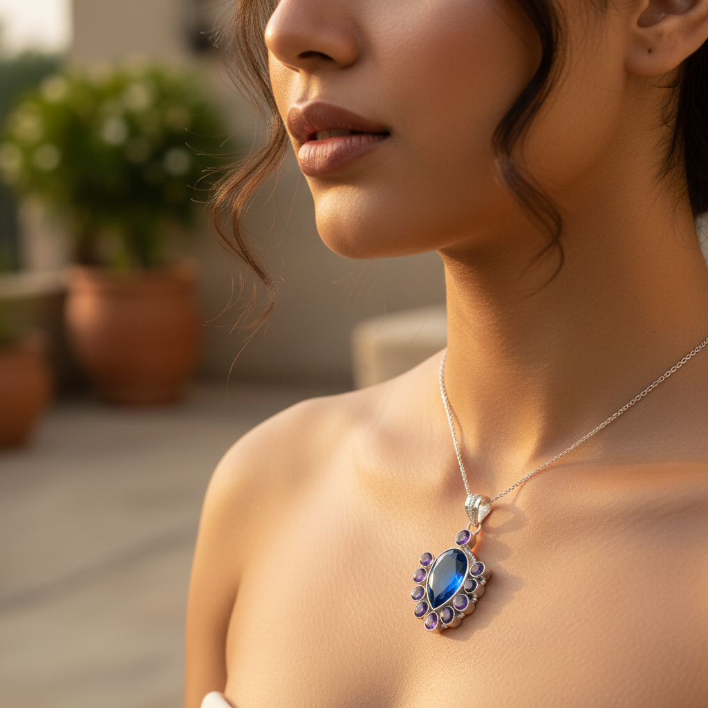 925 Silver Blue Topaz & Amethyst Pendant for Women | Gift Jewelry