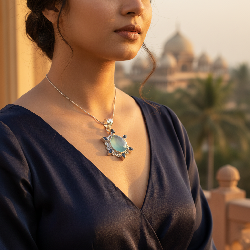 925 Silver Blue Chalcedony Pendant for Women | Gemstone Jewelry