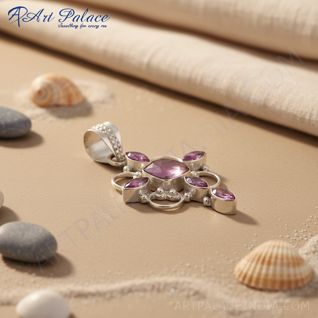 Sterling silver pendant with central gemstone and surrounding pink accent stones, a beautiful piece of jewelry