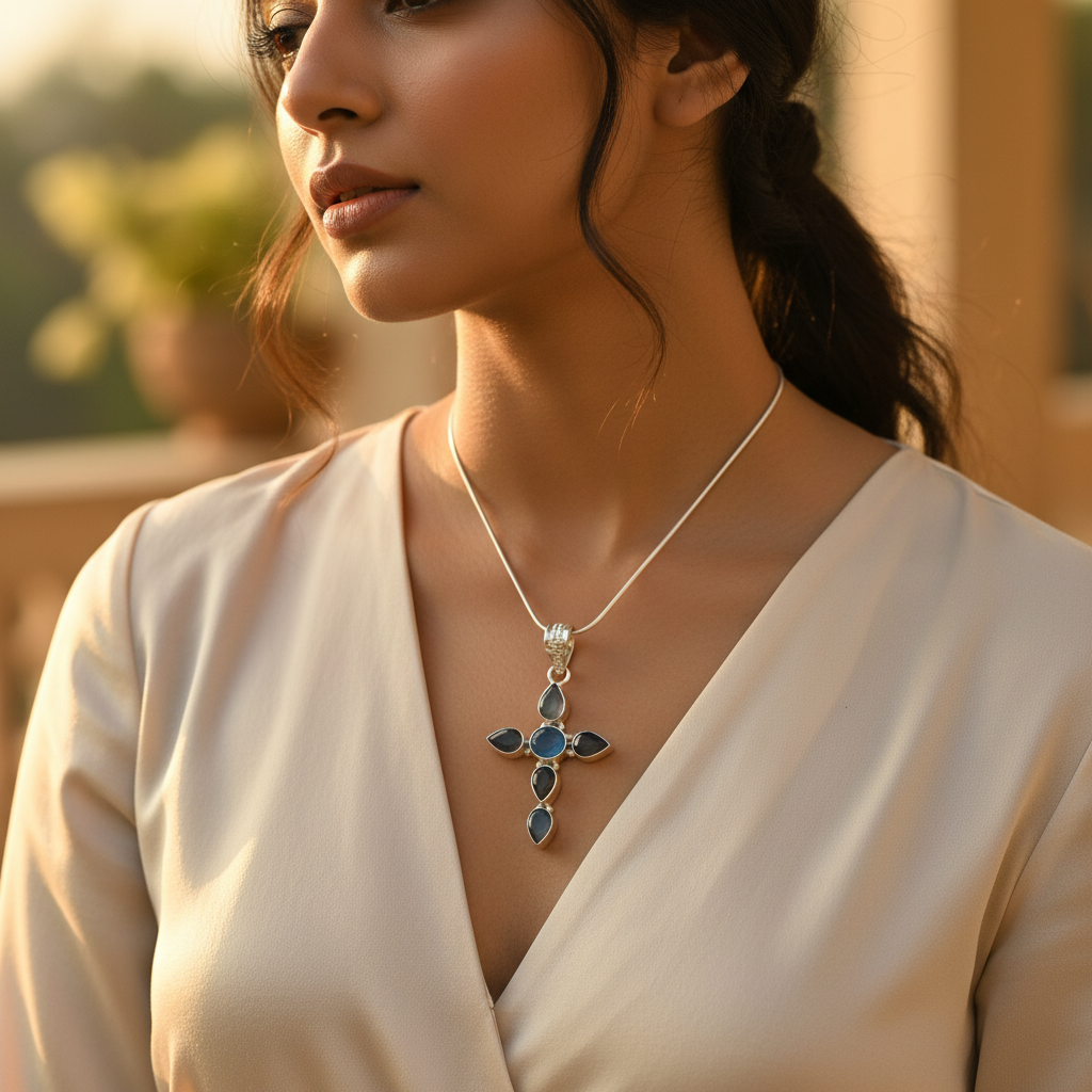 925 Silver Chalcedony Cross Pendant for Women | Gemstone Jewelry