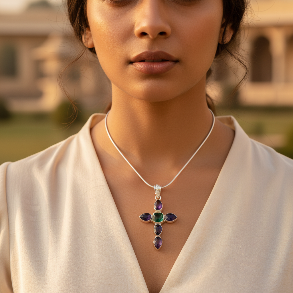 925 Silver Cross Pendant Necklace for Women | Gemstone Jewelry