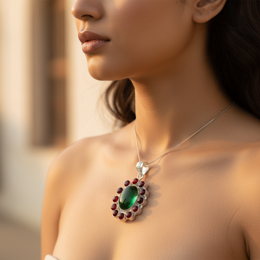 925 Silver Green Stone Pendant for Women | Gemstone Jewelry