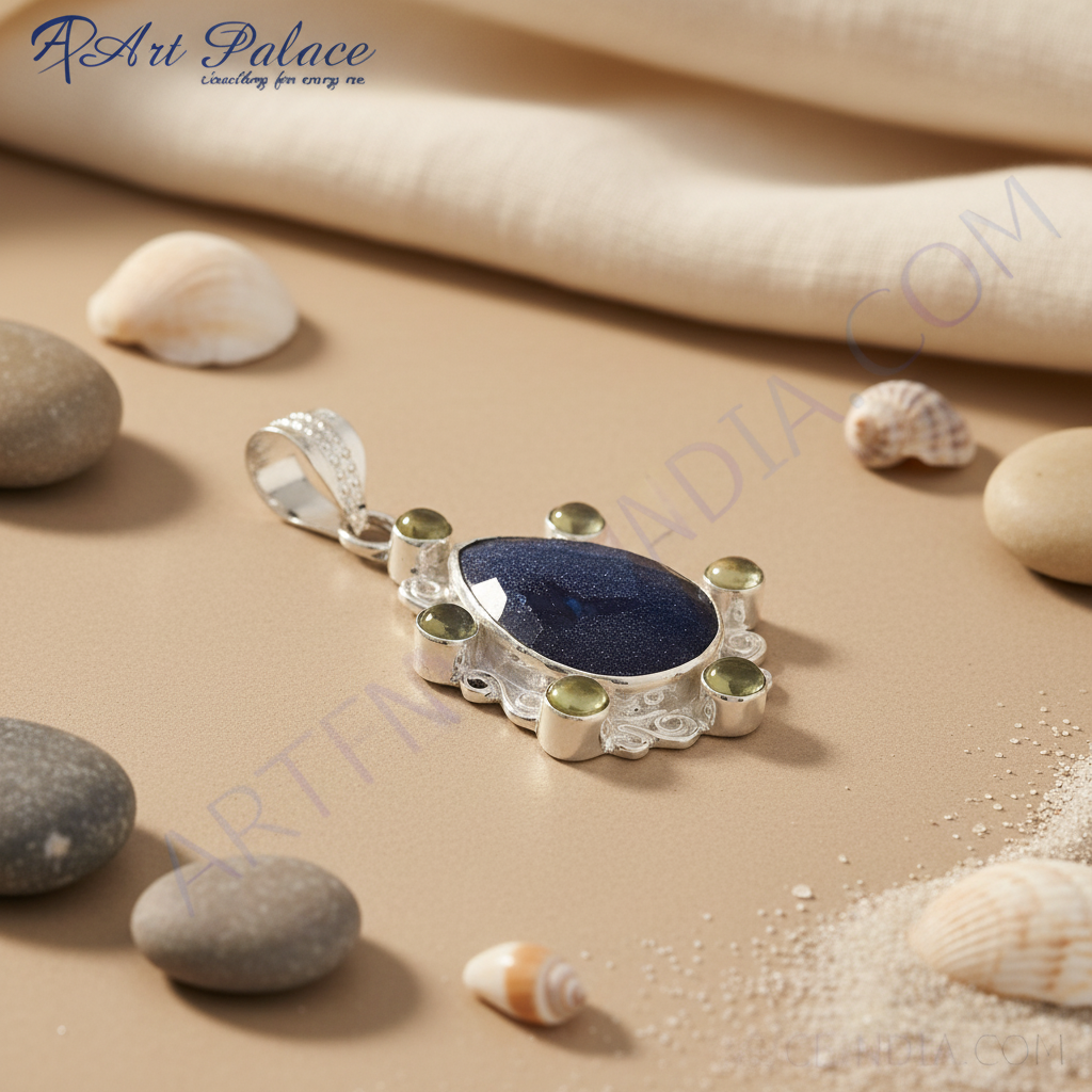 925 sterling silver pendant necklace with blue gemstone and accent stones