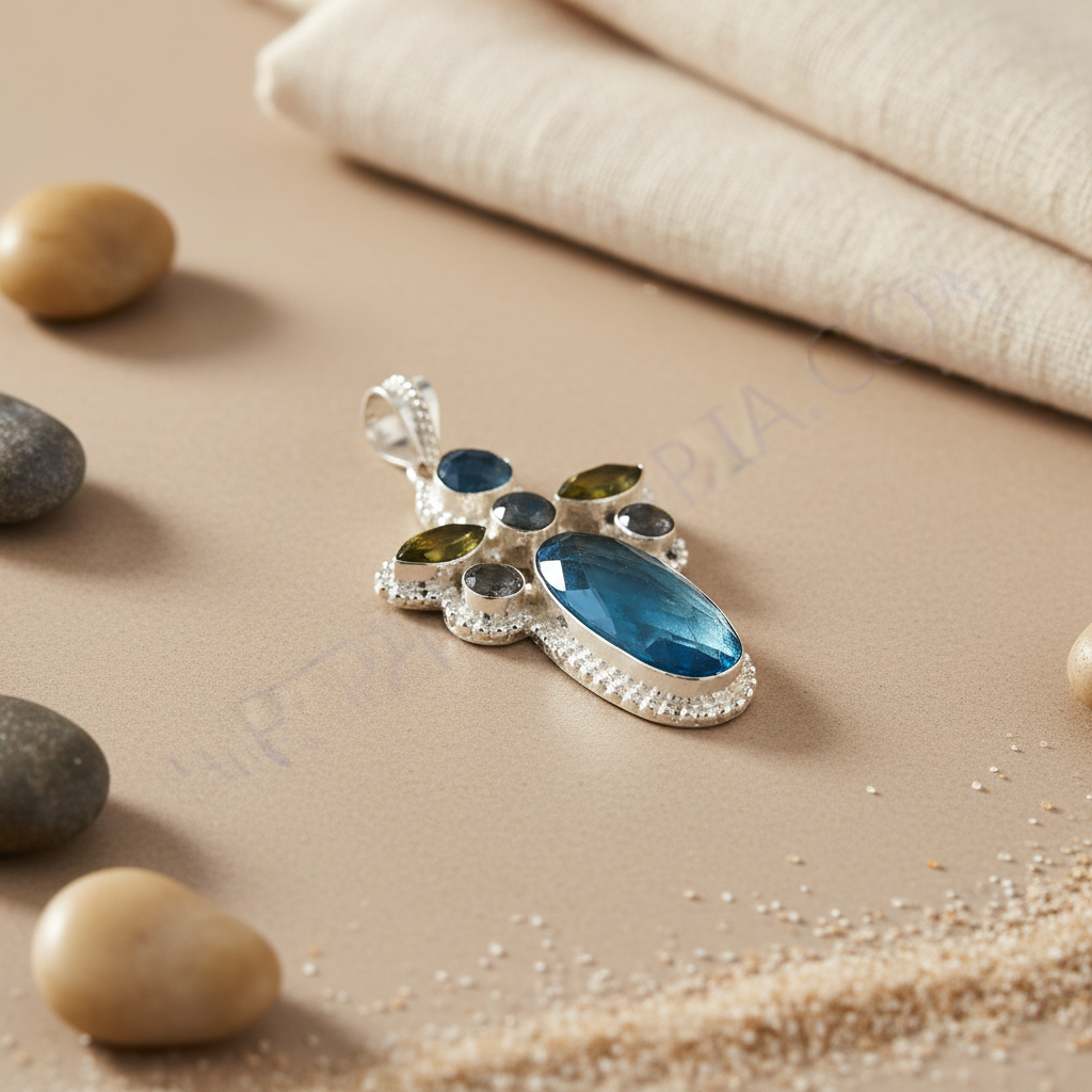Sterling silver gemstone pendant featuring a large blue topaz and various other stones