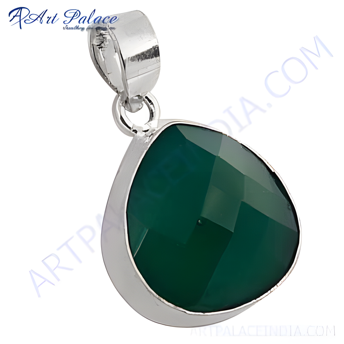 925 sterling silver green onyx teardrop pendant, a faceted green gemstone with silver frame.