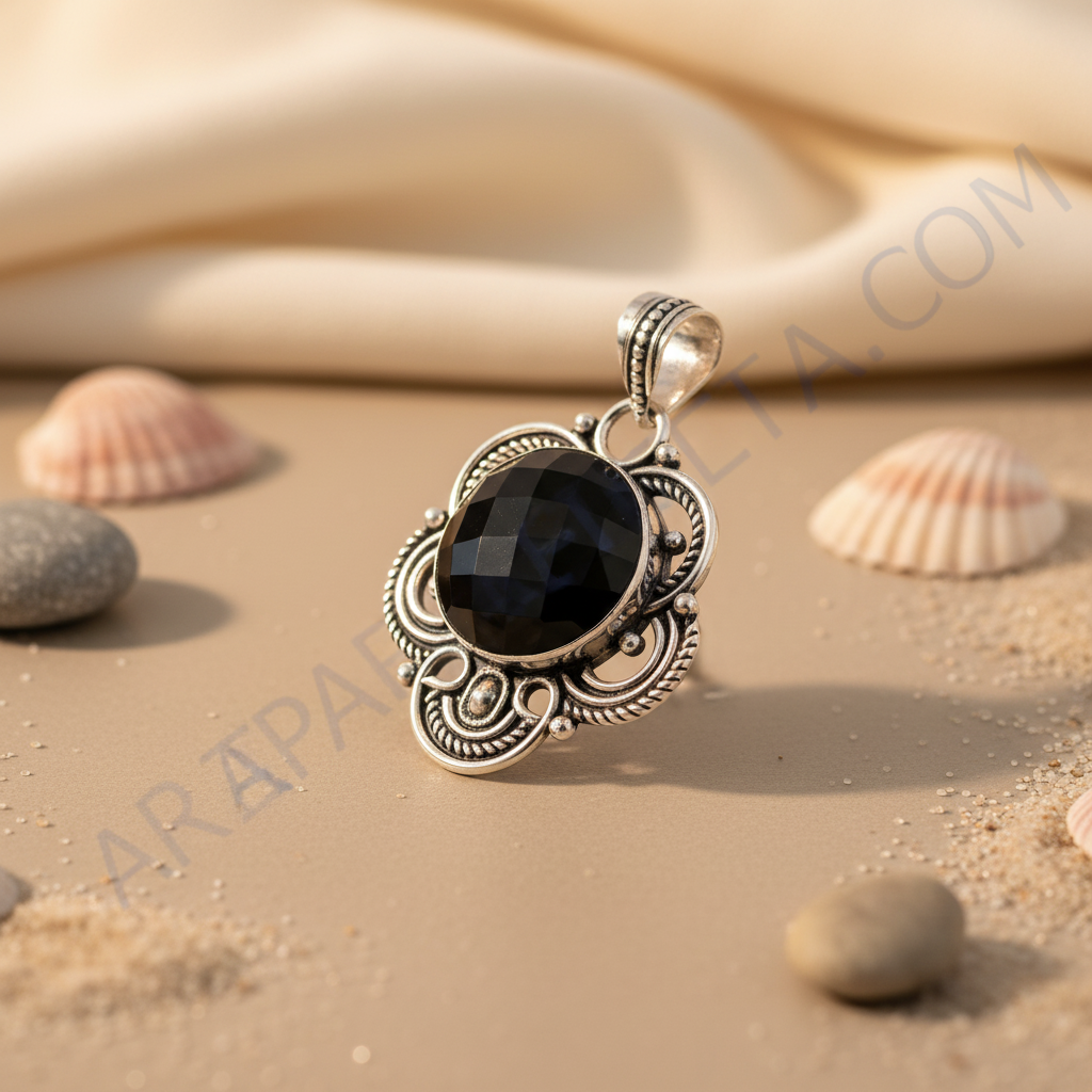 925 sterling silver pendant with a large, faceted black onyx gemstone center, floral design