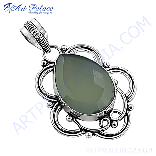925 sterling silver pendant necklace with green chalcedony gemstone center, ideal gift
