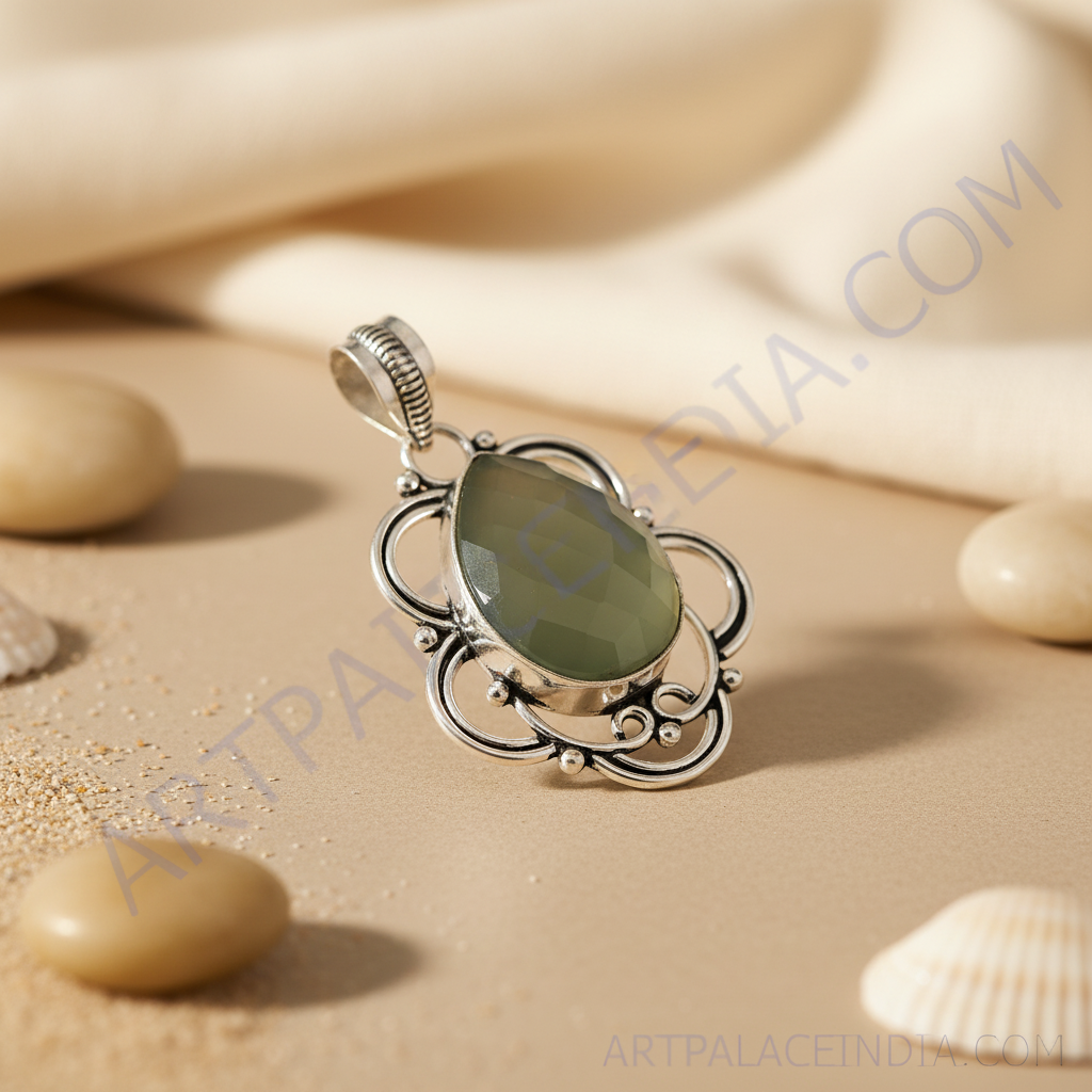 925 sterling silver pendant necklace with green chalcedony gemstone center, ideal gift