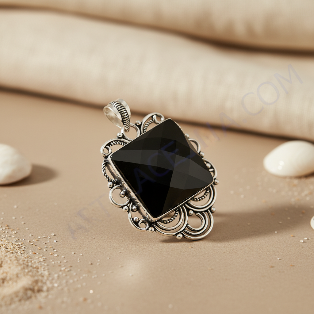 925 sterling silver pendant with a large, square black onyx gemstone. Elegant silver filigree detail.