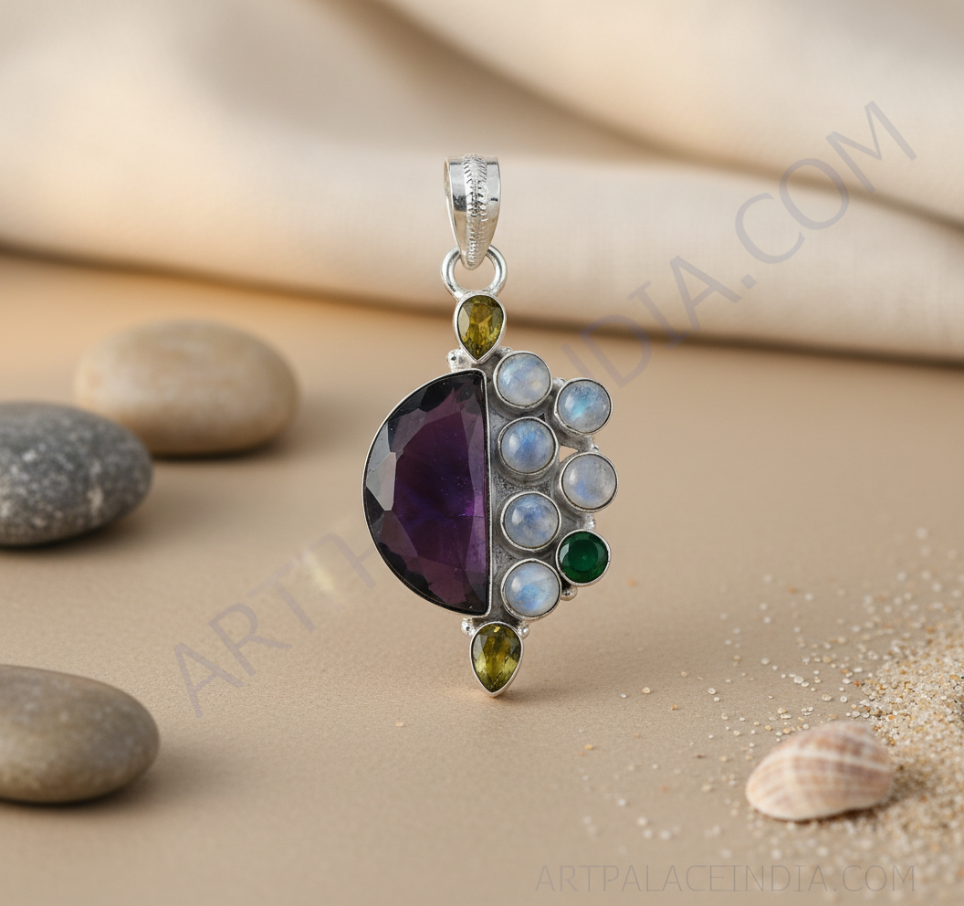 925 sterling silver gemstone pendant necklace featuring moonstone and amethyst, perfect for everyday wear.