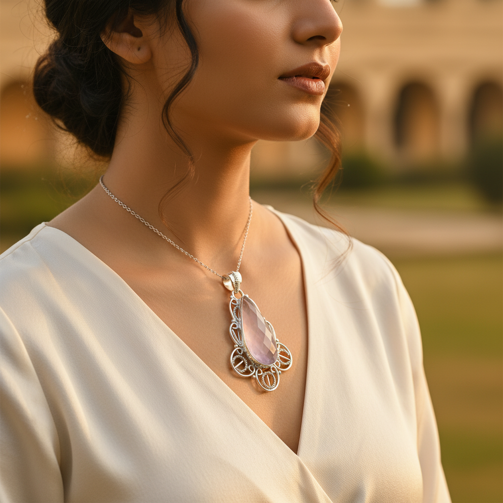 925 Silver Rose Quartz Pendant for Women | Gemstone Jewelry