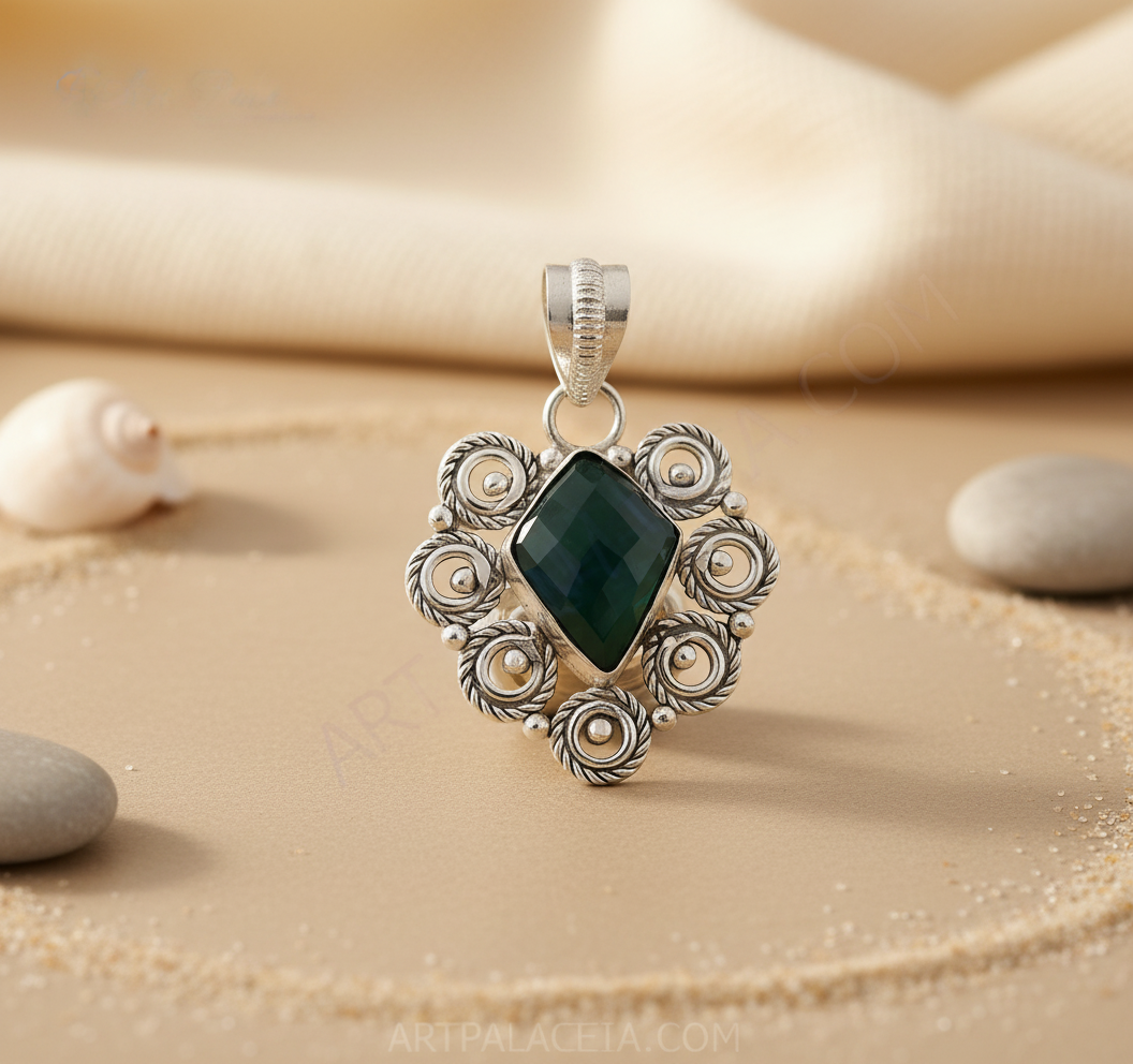 925 sterling silver pendant with a green onyx gemstone center, a floral design
