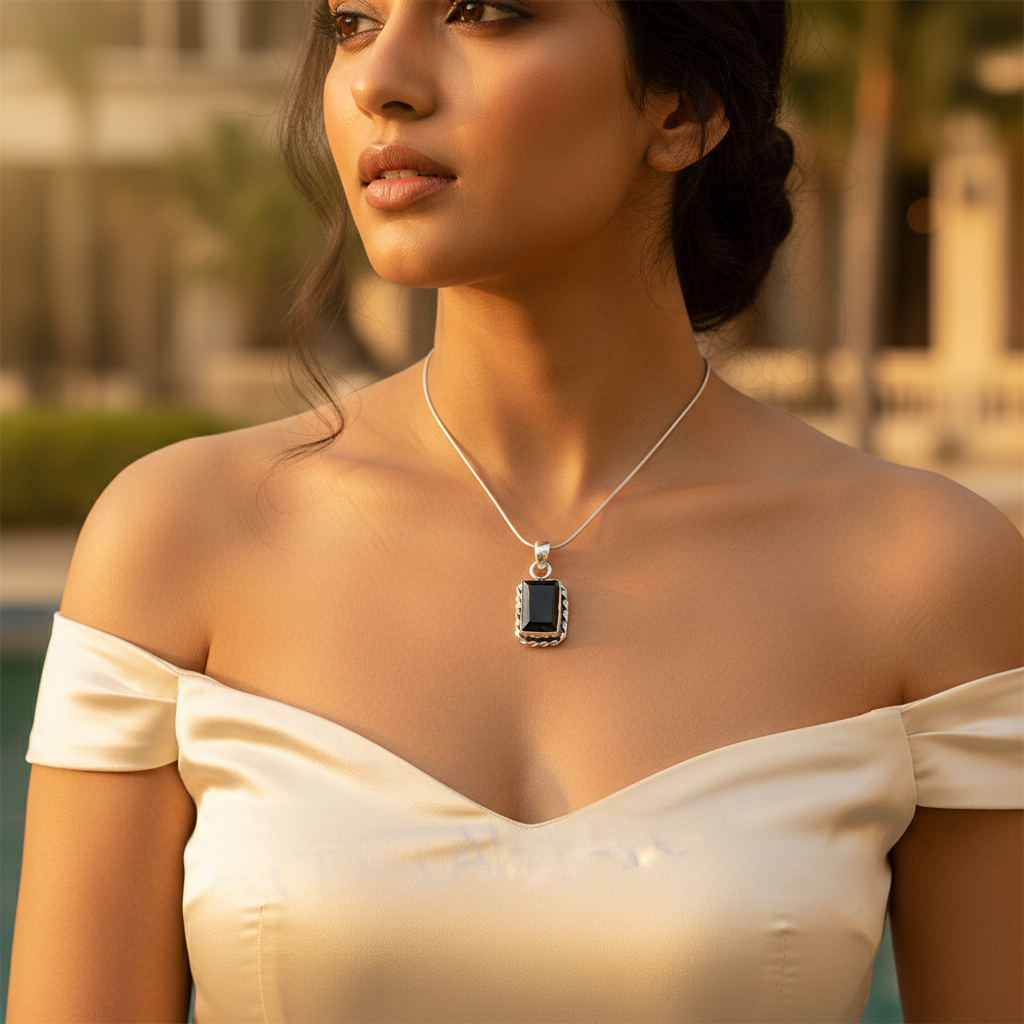 925 Silver Black Onyx Pendant | Rectangle Gemstone Pendant