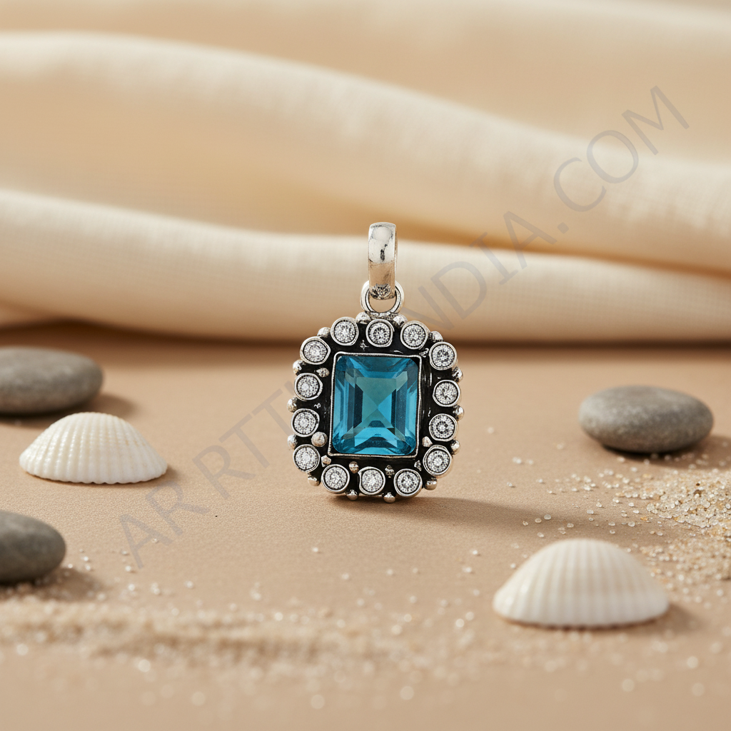 925 sterling silver pendant with a blue topaz gemstone center and white cubic zirconia accents