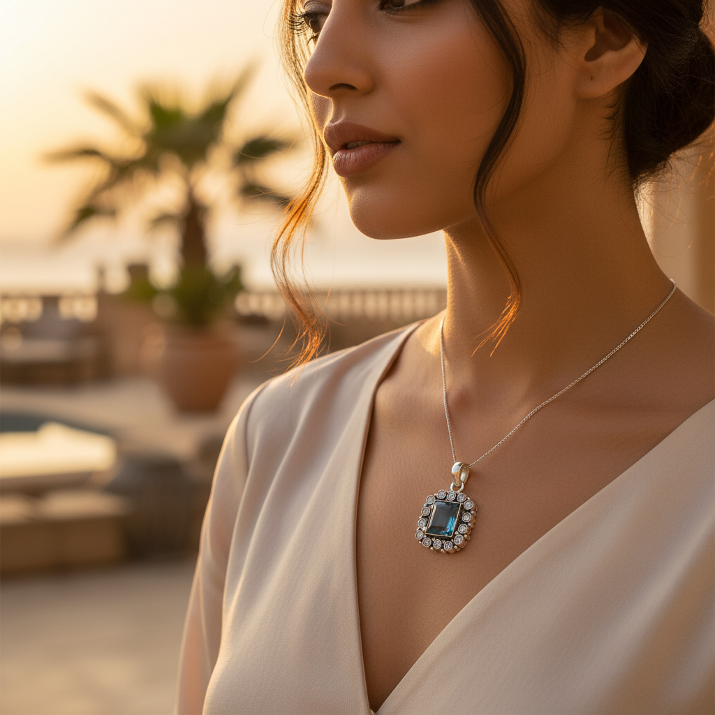 925 Silver Blue Topaz Pendant for Women | Gemstone Jewelry