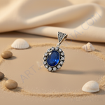 Load image into Gallery viewer, 925 sterling silver oval pendant with a large blue gemstone center and surrounding clear gemstones
