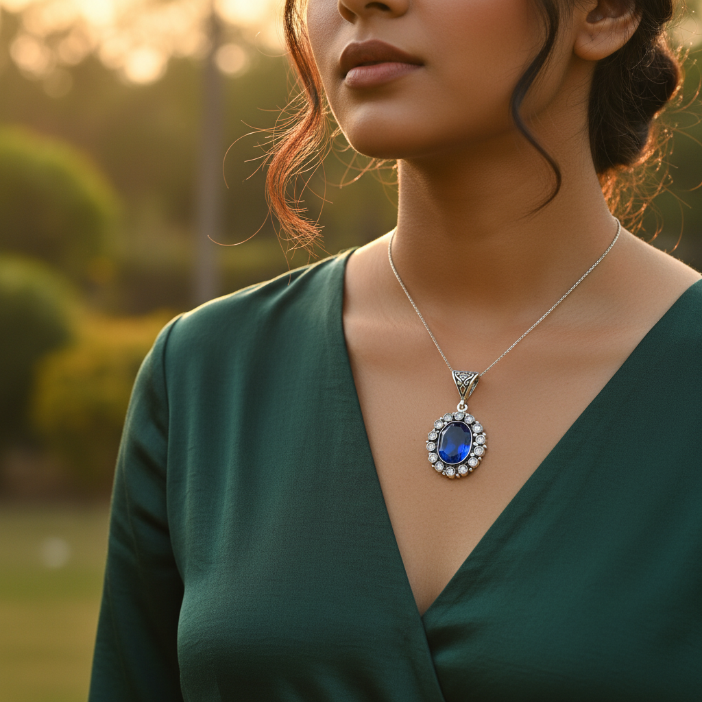 925 Silver Blue Gemstone Oval Pendant for Women | Gift Jewelry