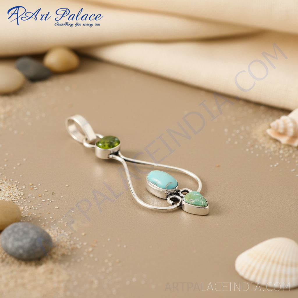 925 sterling silver gemstone pendant with turquoise and green gemstones
