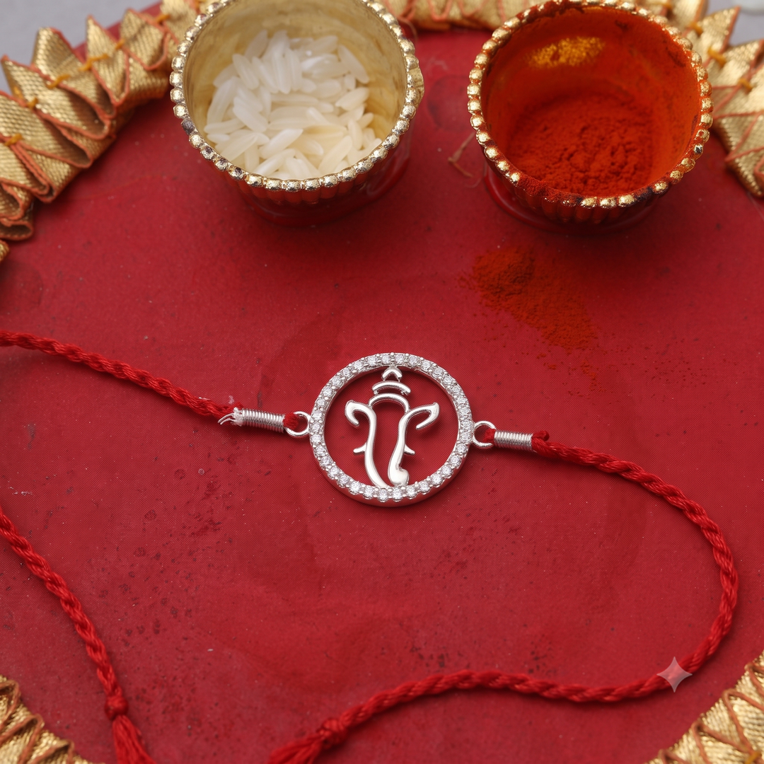 925 Sterling Silver Ganesha Rakhi with CZ for Brother
