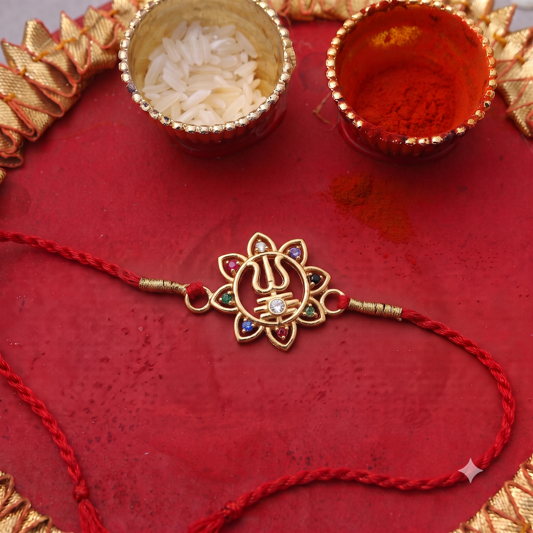Gold Plated 925 Silver Trishul Navratna CZ Rakhi for Brother