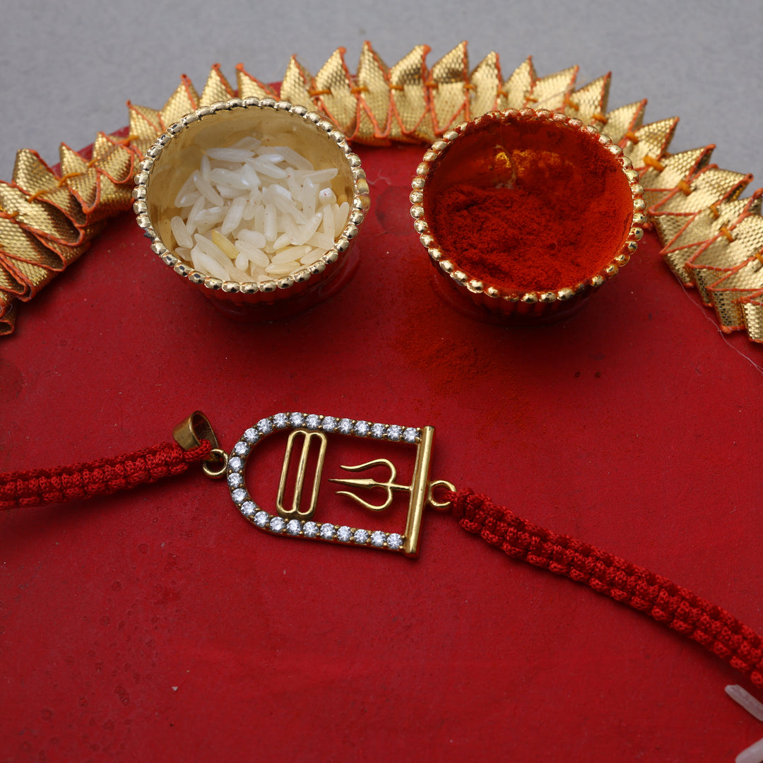 Gold Plated 925 Silver Shiva Trishul Rakhi with CZ for Raksha Bandhan