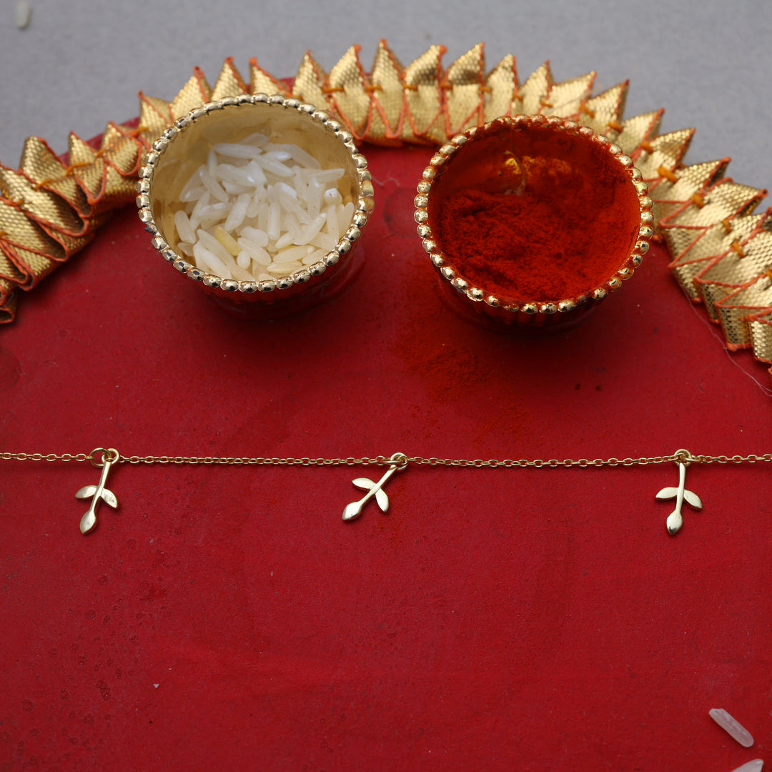 Leaf Charm Rakhi Bracelet in Gold Plated 925 Silver for Brother