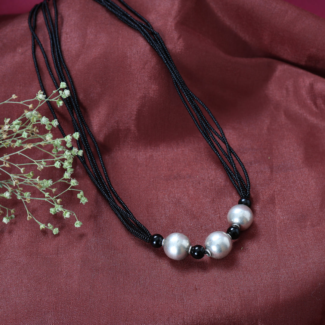 Black Bead and Silver Ball Necklace for Women | Fashion Jewelry