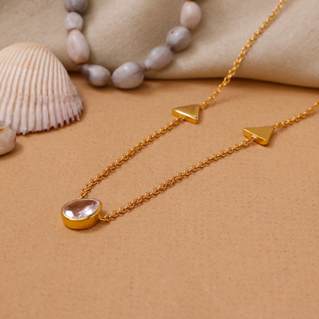 gold plating Chain Necklace with Green Gemstones and Pink Teardrop | Women's Jewelry